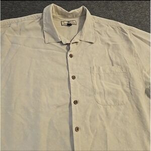 Tommy Bahama Shirt Mens XL Tan S/S 100% Silk Camp Hawaiian Beach Resort Vacation